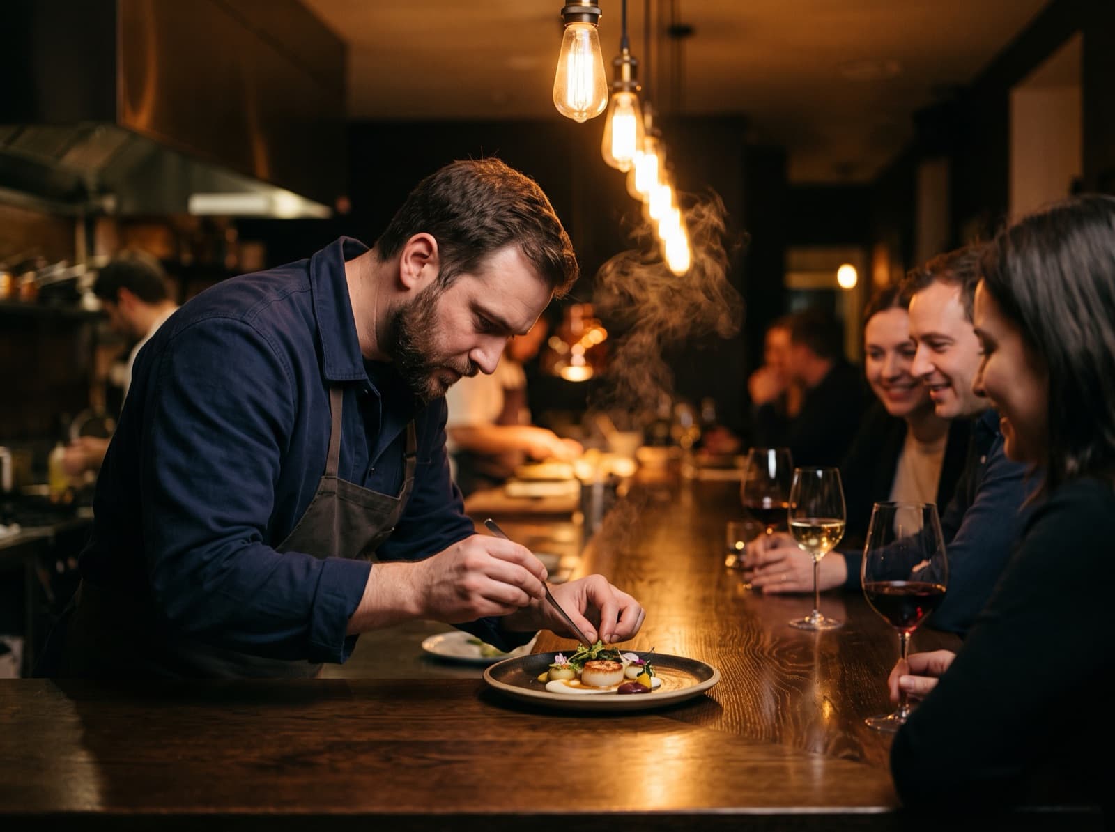 A chef finishing a course at a tasting counter