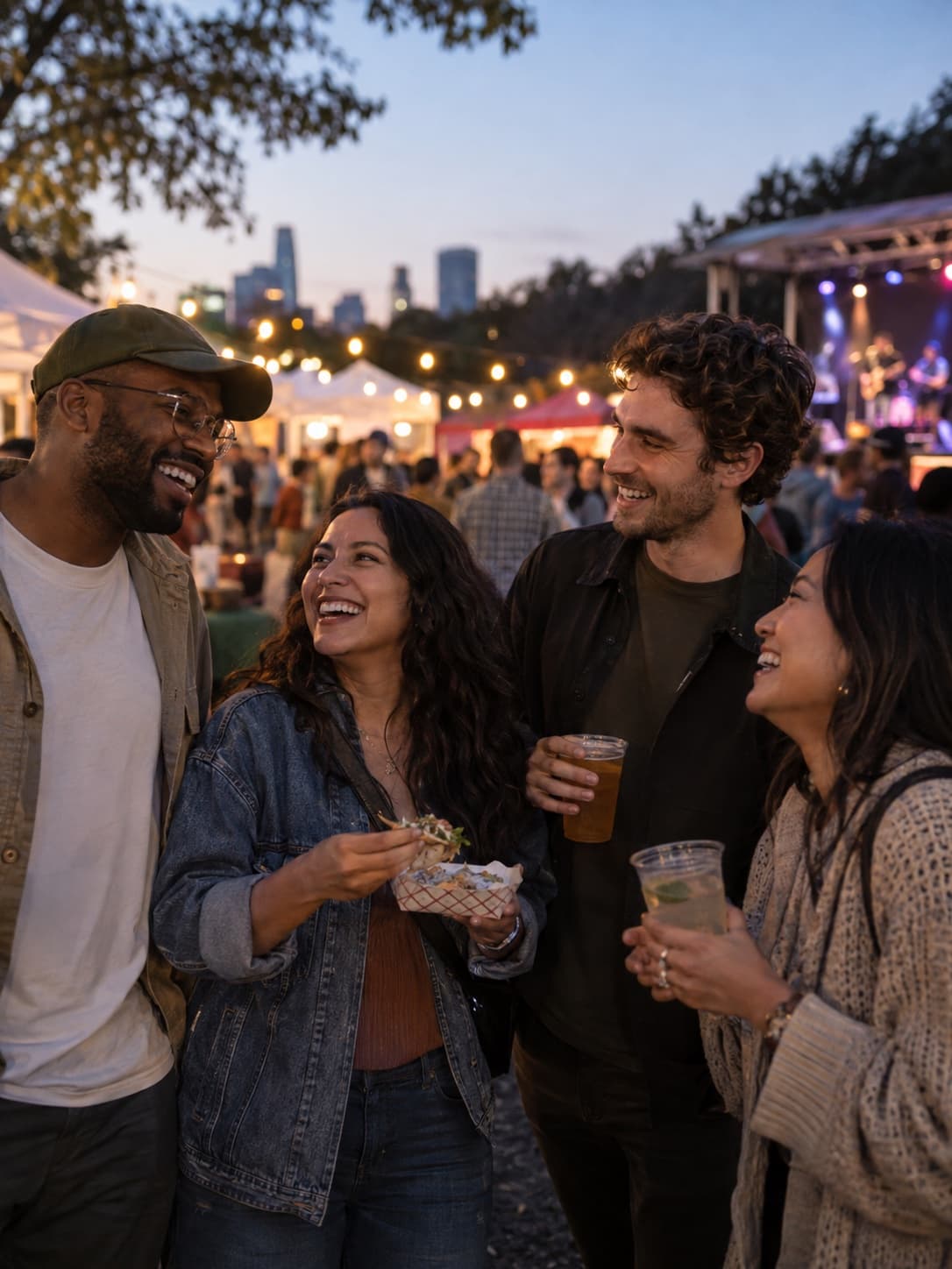 Four friends sharing food and laughter at an outdoor festival at dusk