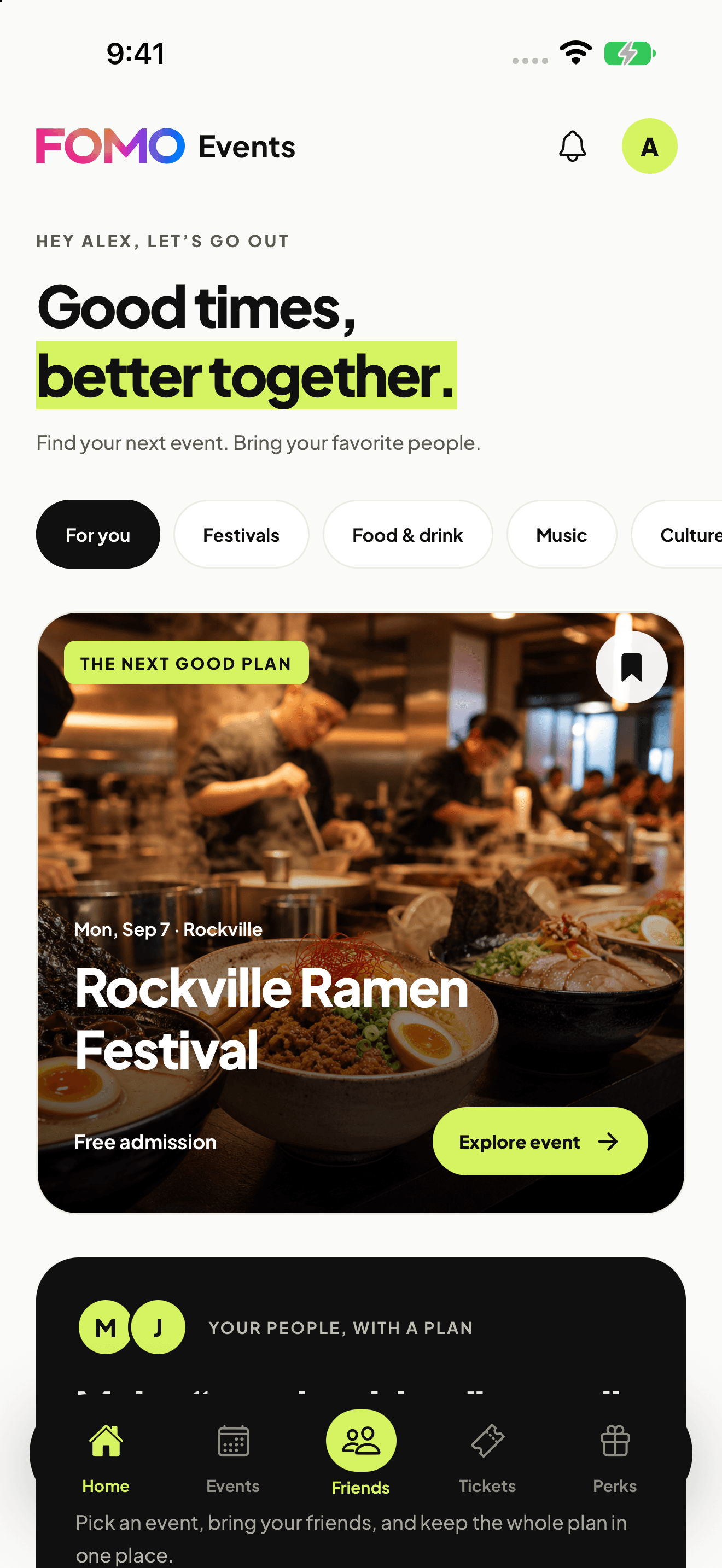 FOMO’s event-focused Home with an example festival and the center Friends tab