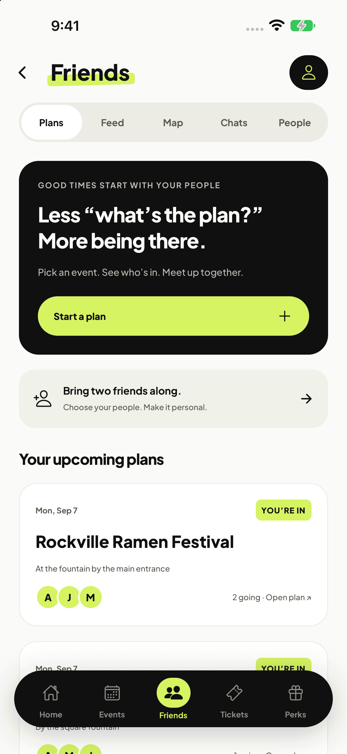 The Friends screen in FOMO Events