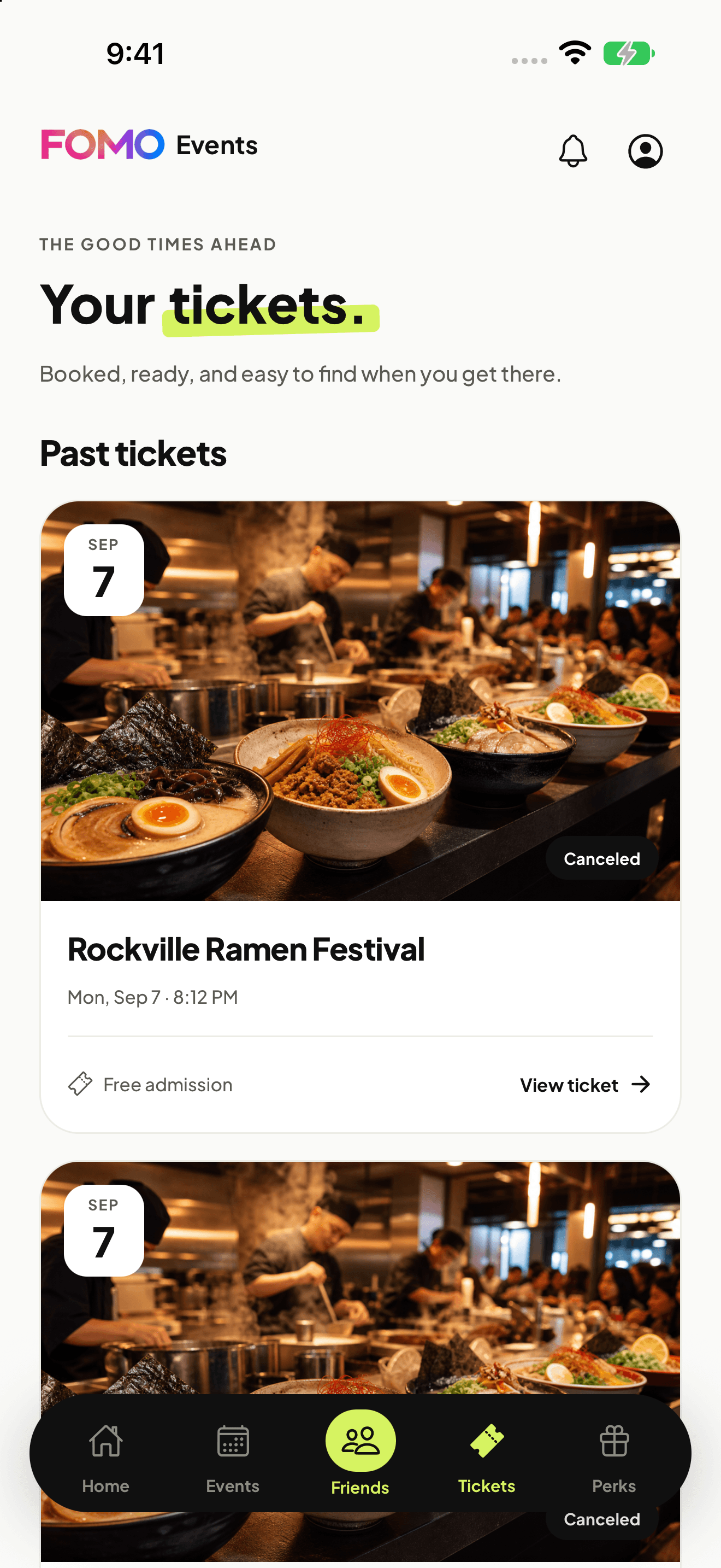 The Tickets screen in FOMO Events